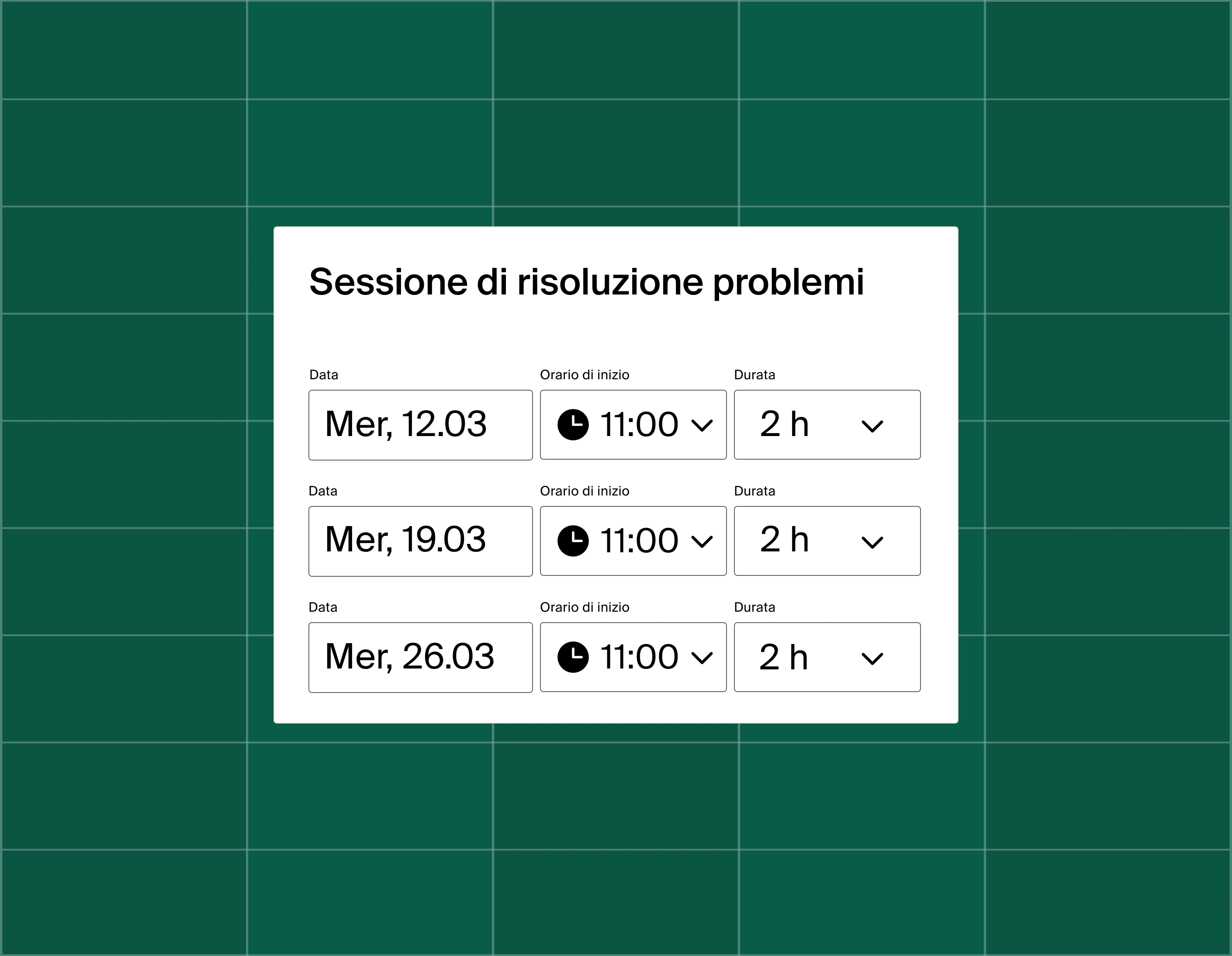 A graphic showing a list of three meeting time options for a troubleshooting session