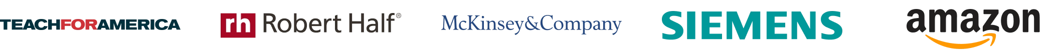 A group of logos including Amazon, Siemens, McKinsey & Company, Teach For America, Robert Half