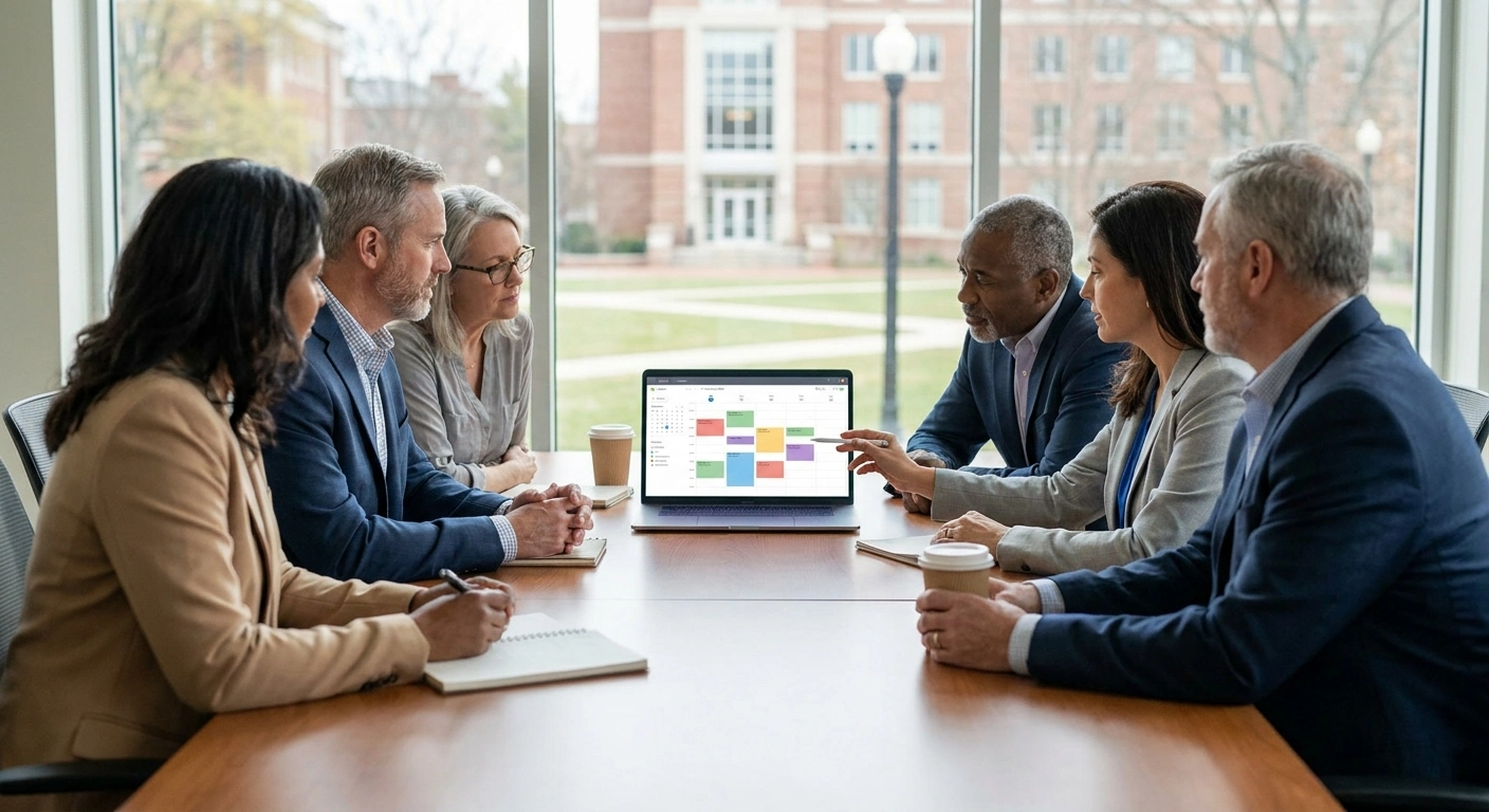 A diverse group of university advisors in a conference room viewing a laptop with a scheduling poll.