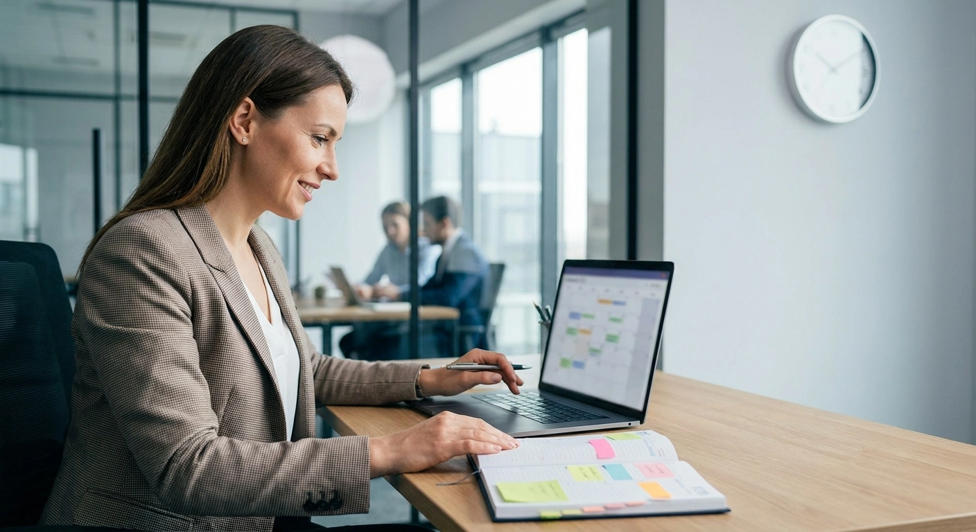 A corporate secretary in a modern office uses a laptop to schedule a meeting, surrounded by a tidy desk with work tools and a wall clock, depicting a professional and efficient work environment.