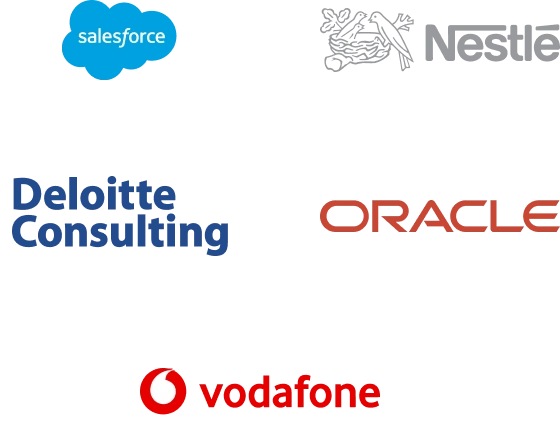 A group of logos including Salesforce, Nestlé, Deloitte Consulting, Oracle Corporation, Vodafone