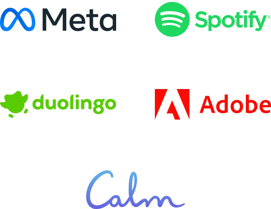 A group of logos including Meta Platforms (Facebook), Spotify, Duolingo, Adobe Inc., Calm