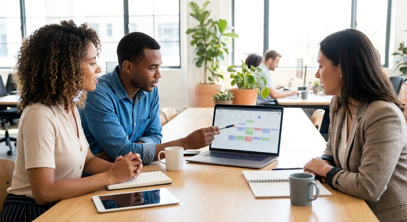 Startup founders organizing an investor advisory meeting in a modern office, using a digital calendar displayed on a laptop.