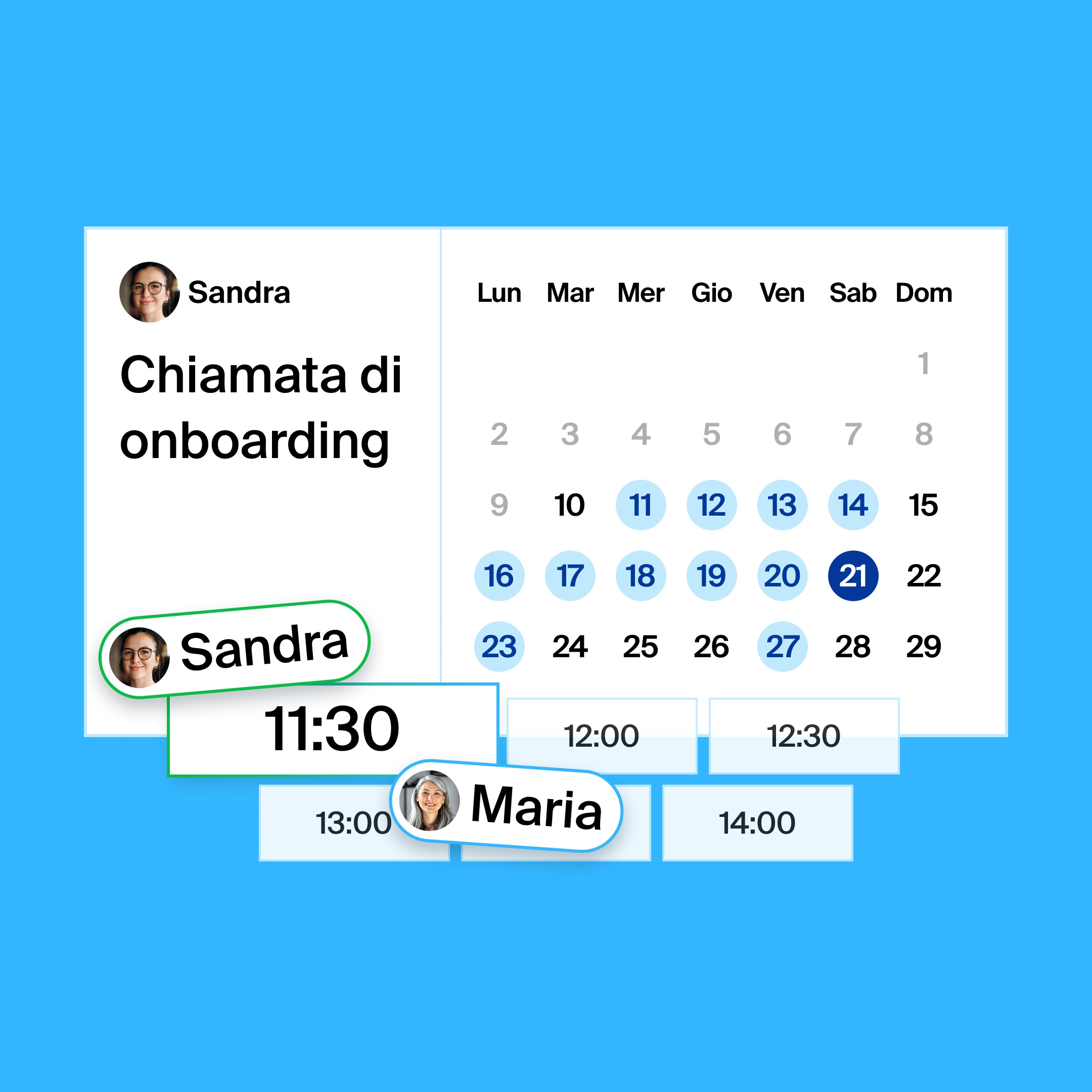 a booking page for an onboarding call, where the organizer and participant found 11:30am as the common meeting time