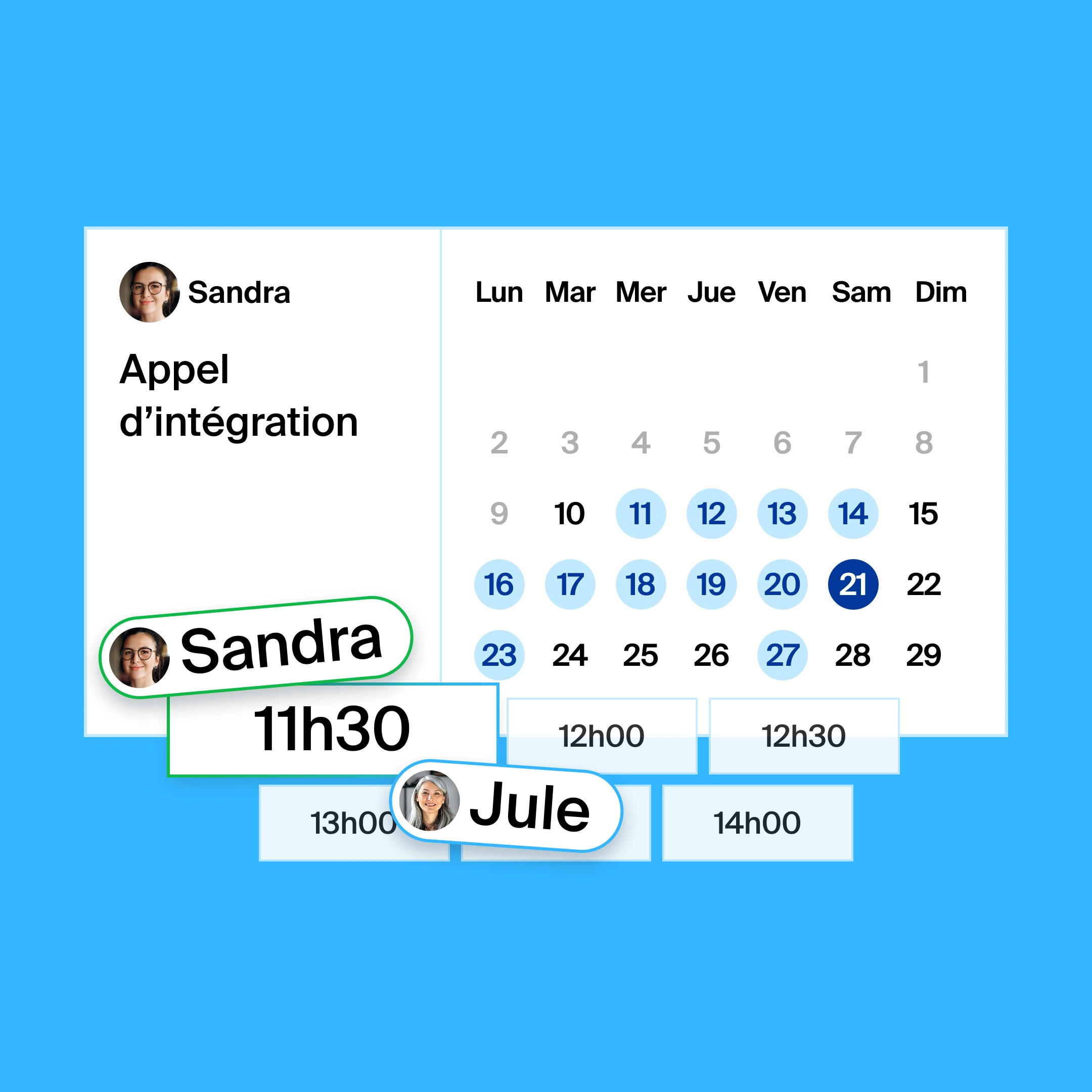 a booking page for an onboarding call, where the organizer and participant found 11:30am as the common meeting time