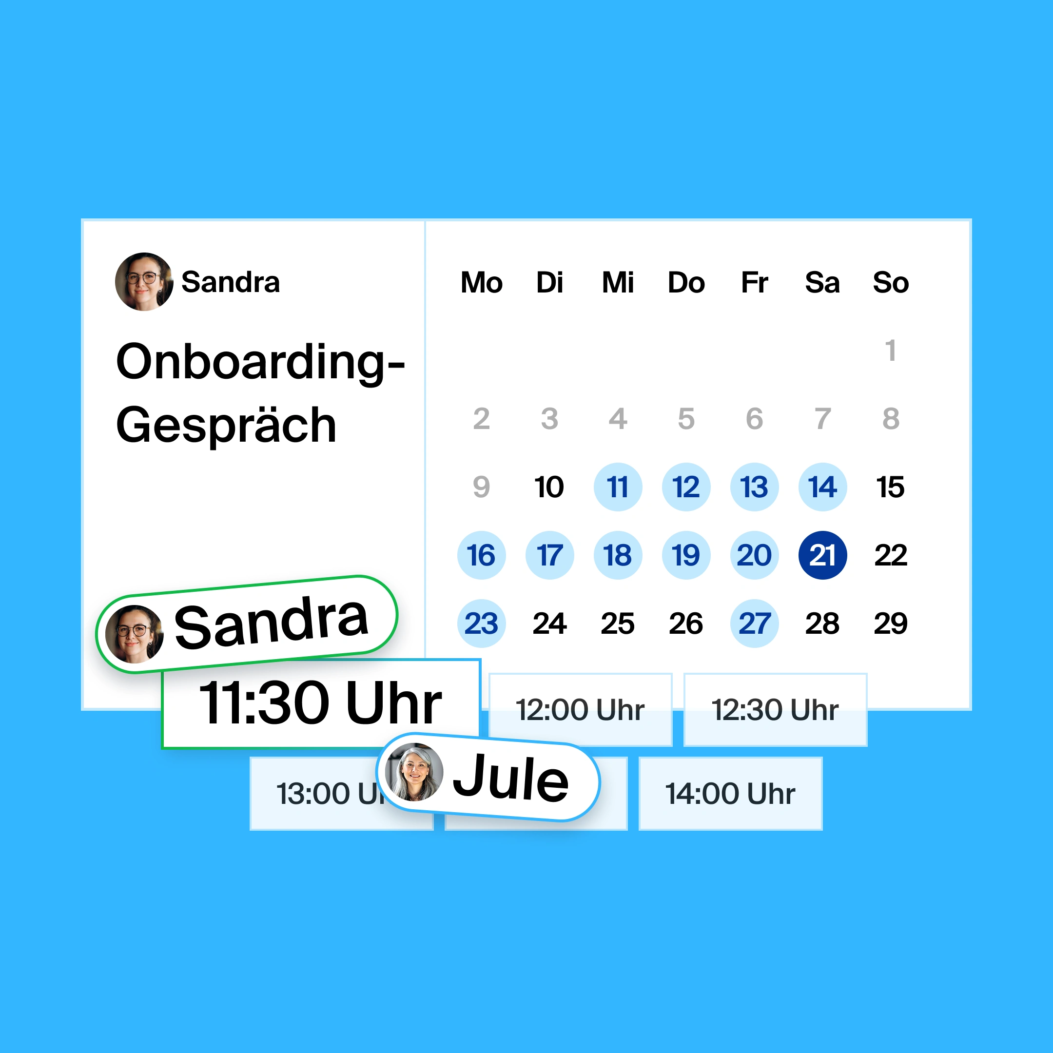 a booking page for an onboarding call, where the organizer and participant found 11:30am as the common meeting time