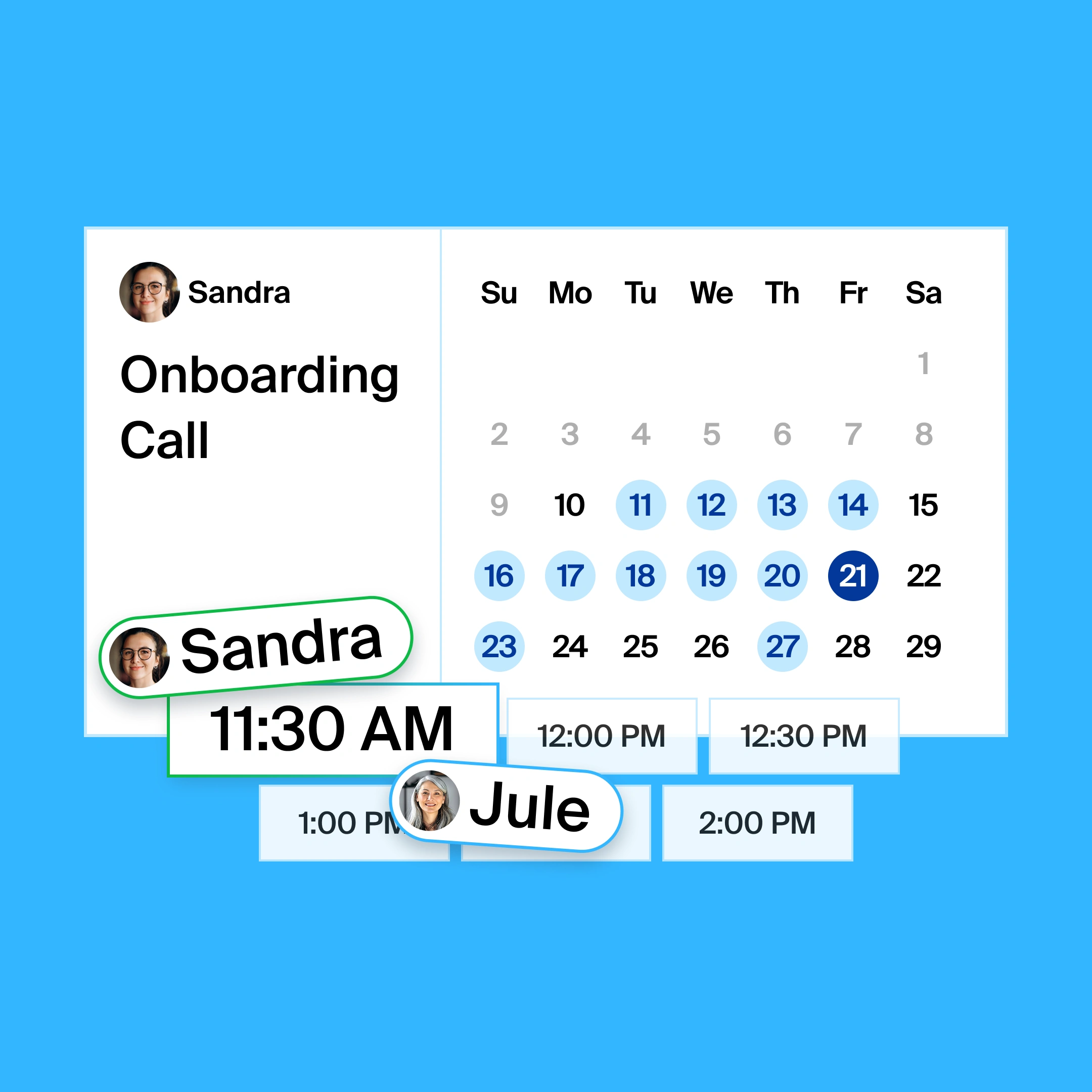 a booking page for an onboarding call, where the organizer and participant found 11:30am as the common meeting time