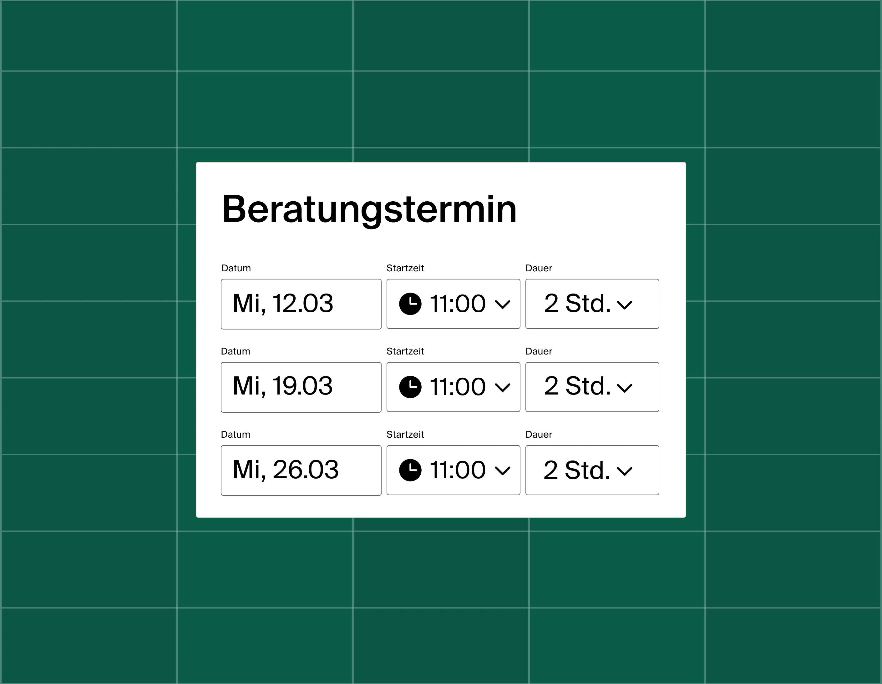 A graphic showing a list of three meeting time options for a consultation session