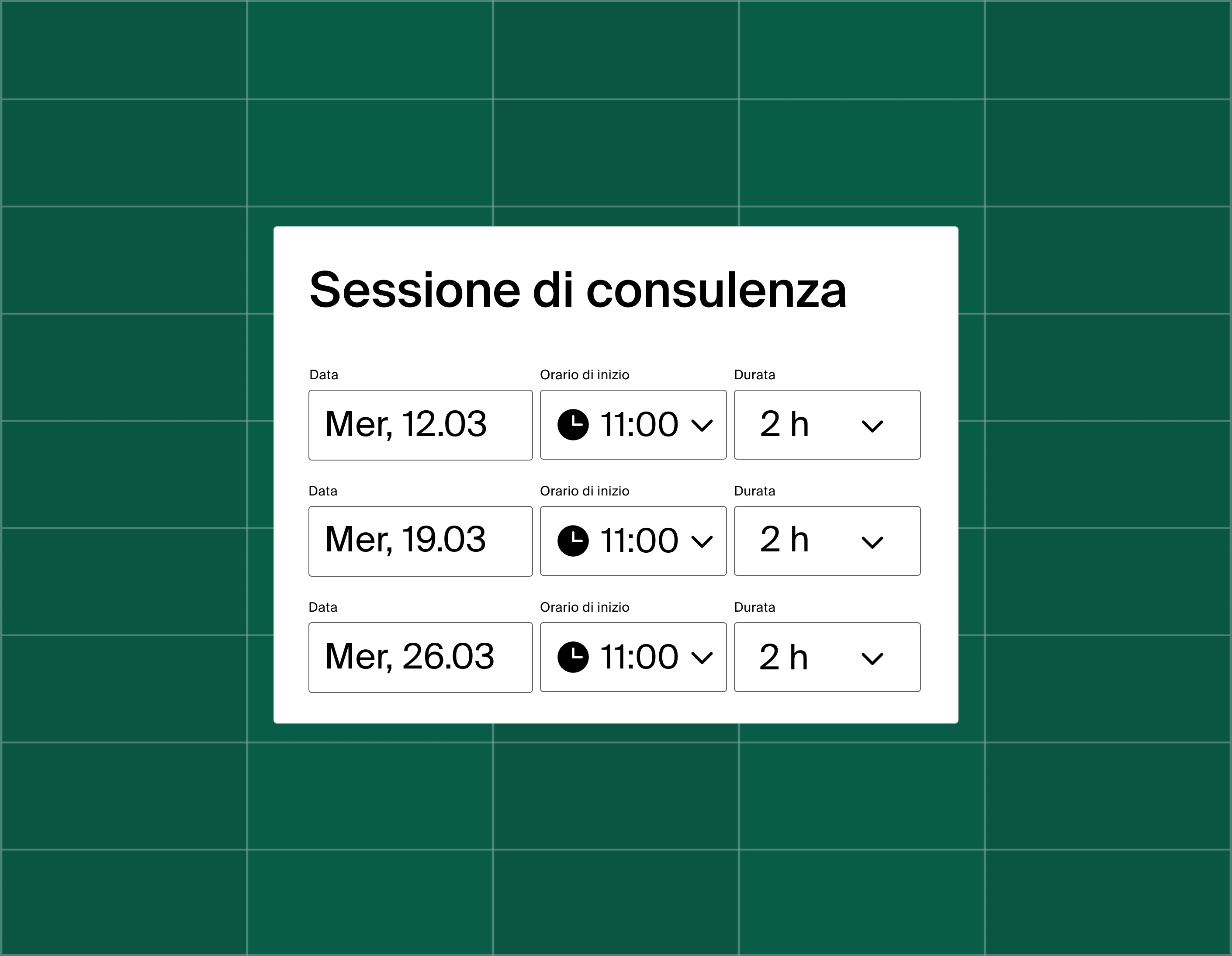 A graphic showing a list of three meeting time options for a consultation session