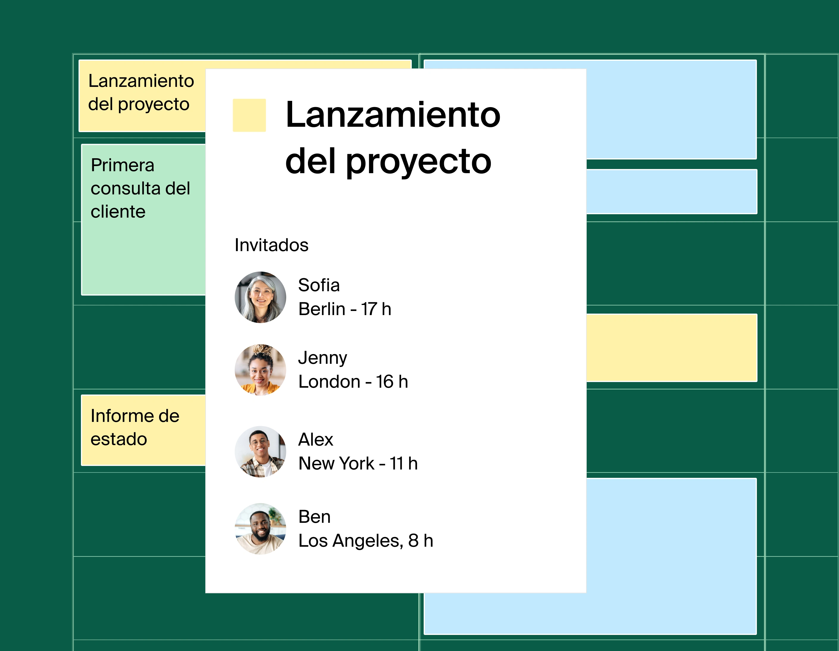 The image has three layers. The background is dark green. The middle layer emulates a digital calendar showing different meetings booked including project kickoff, new client consultation, and status report. On the top most layer is a booked meeting time for a team of five for a project kickoff. The team members are all working in different time zones: Berlin, New York, London, and LA.