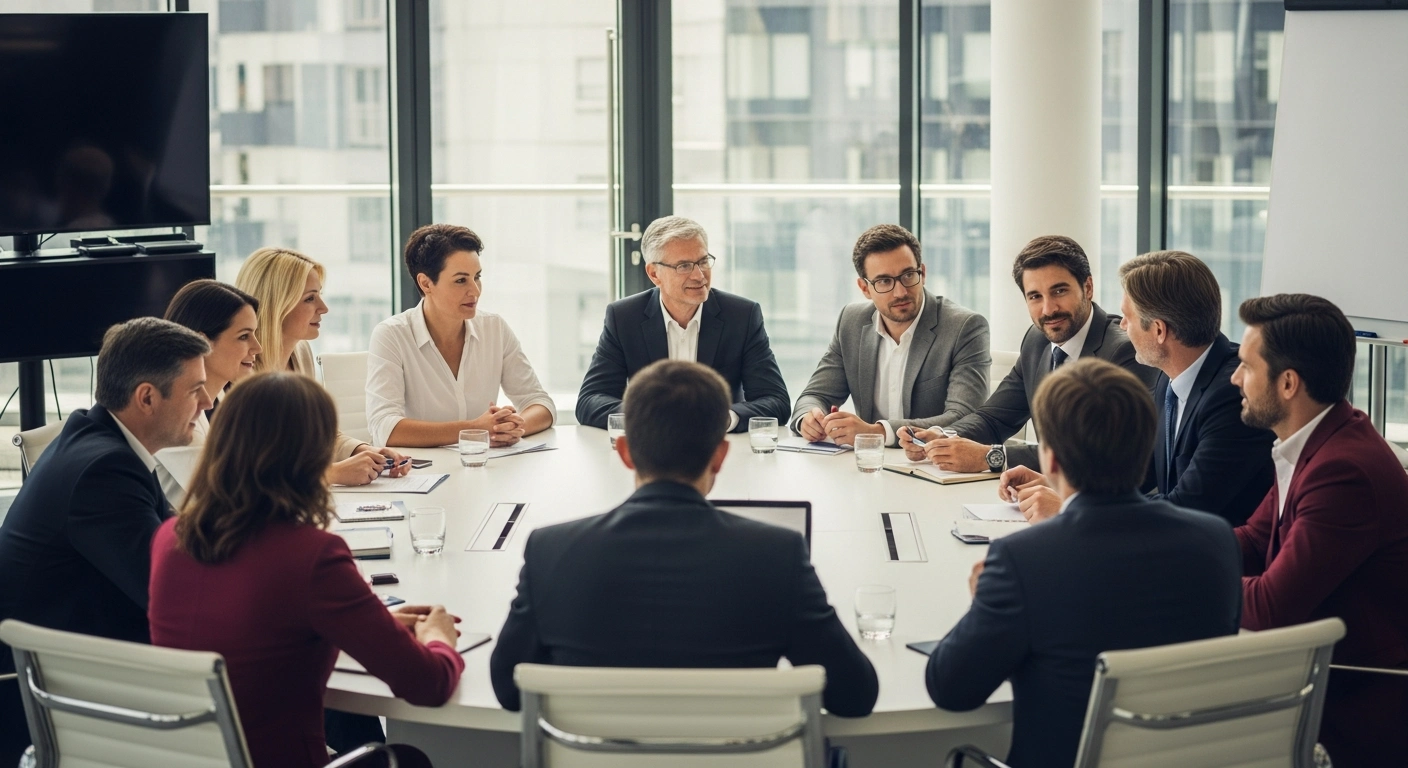 A diverse group of executives engaged in a collaborative discussion around a round table in a modern conference facility.
