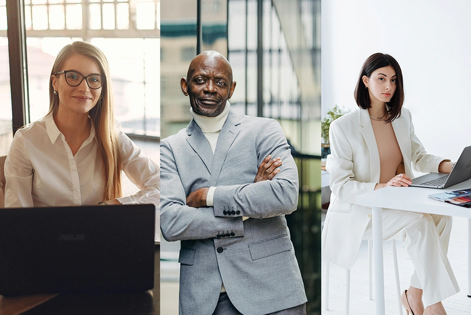 A composite image for three professionals (two women and a man).