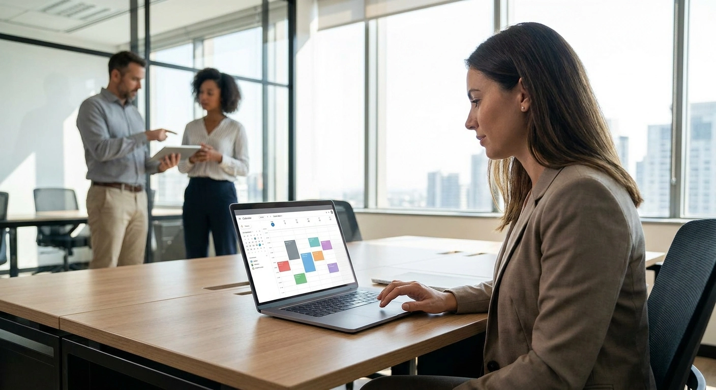 Consultant in a modern office using a laptop with a calendar app, with colleagues discussing in the background.