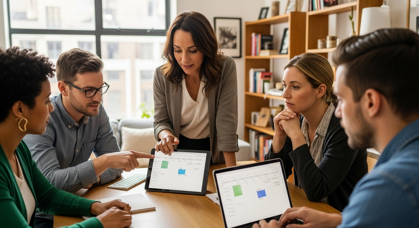 Diverse group of independent directors in a home office setting, engaging in a scheduling session with an engagement partner using a laptop or tablet.