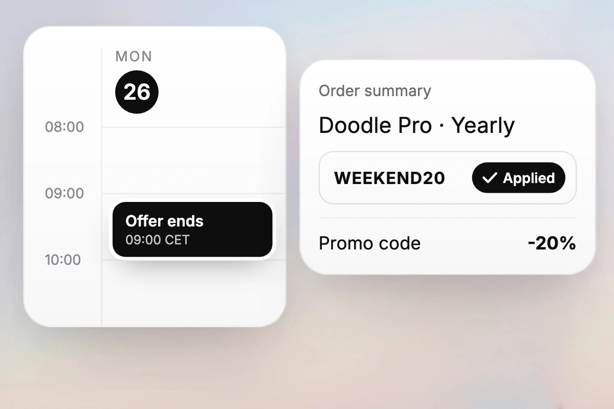 Doodle-ugevisning fra fredag 23. til mandag 26. oktober, hvor tilbuddet udløber mandag kl. 9.00, ved siden af en ordreoversigt for Doodle Pro årligt med koden WEEKEND20