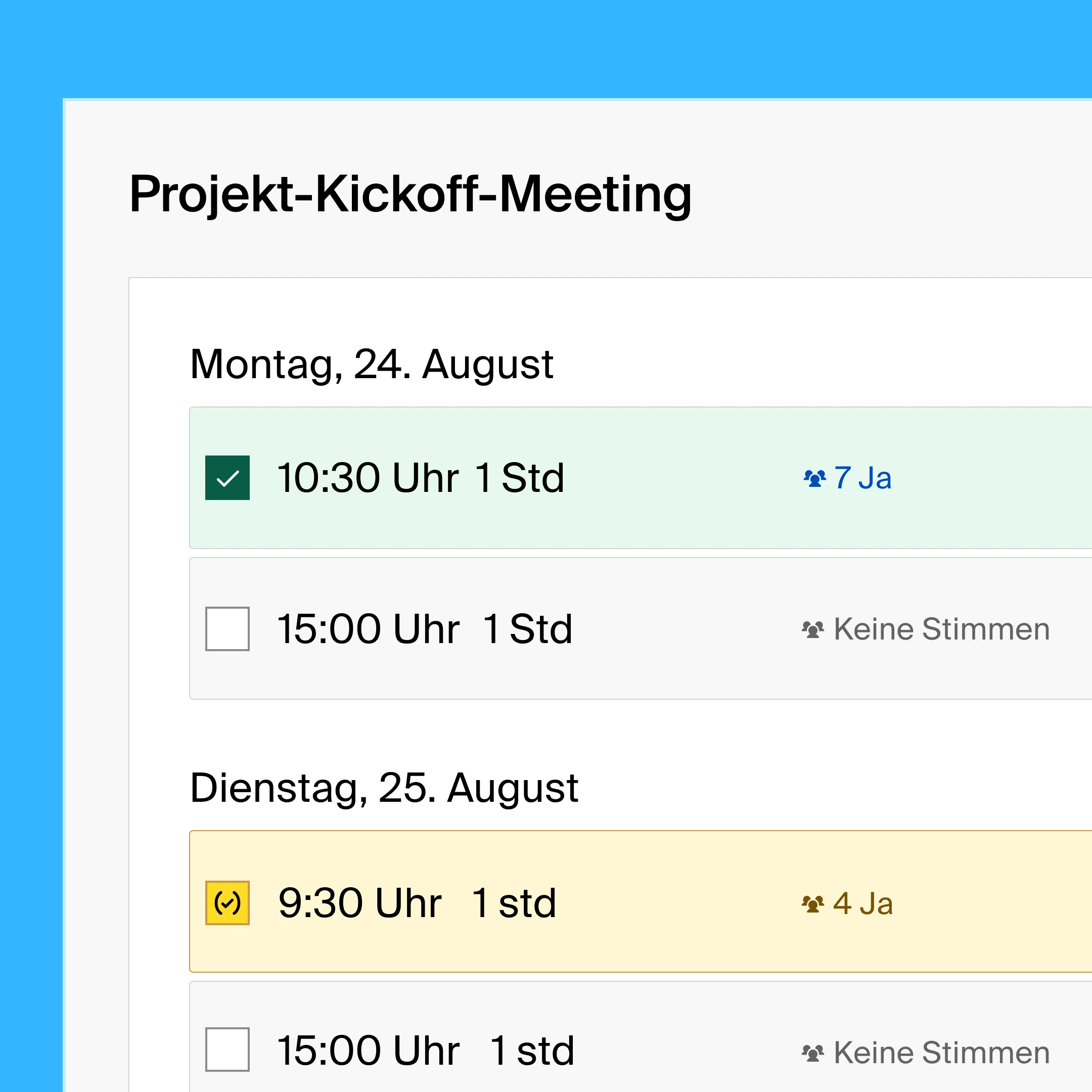 A group poll with a list view of availabilities for a team sync meeting