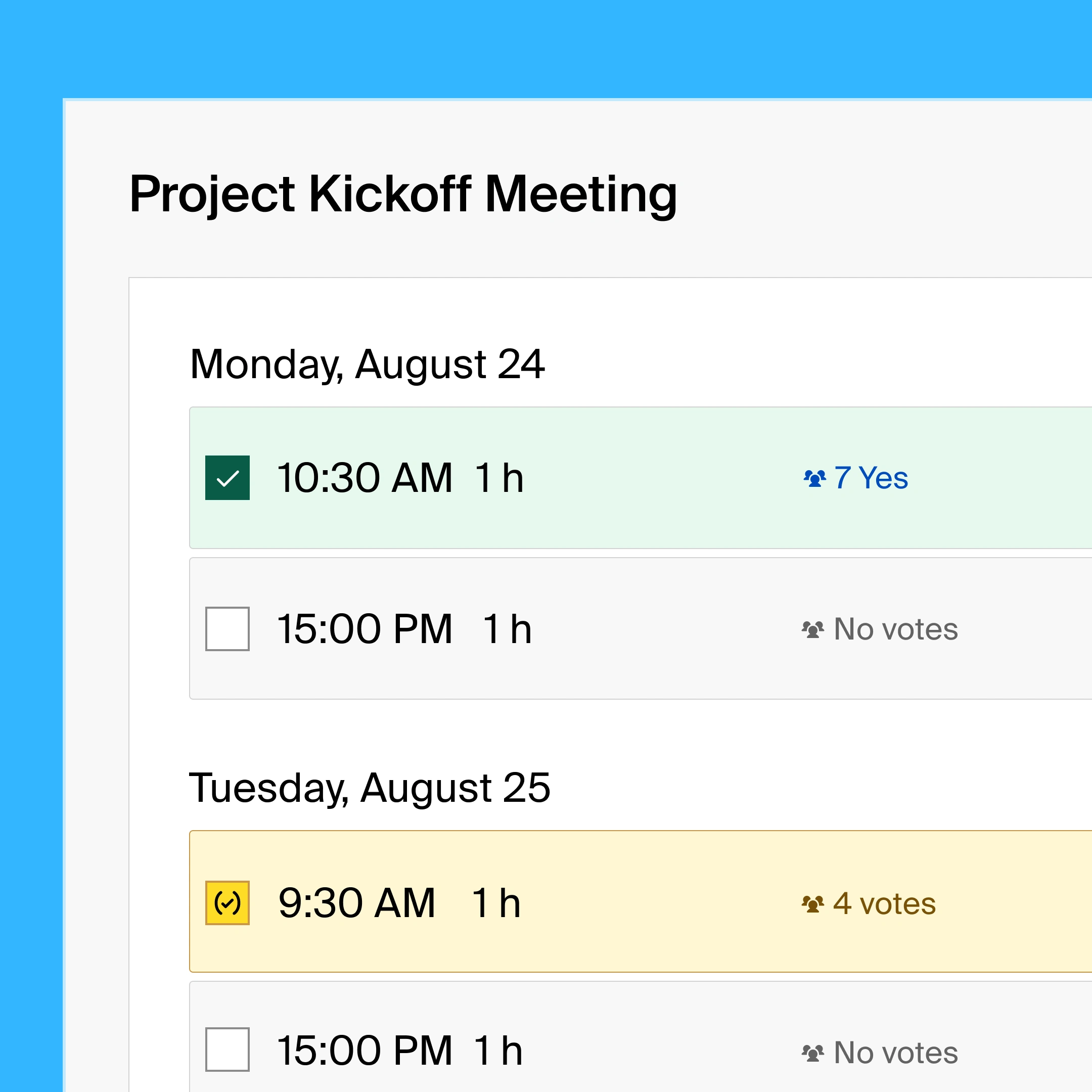 A group poll with a list view of availabilities for a team sync meeting