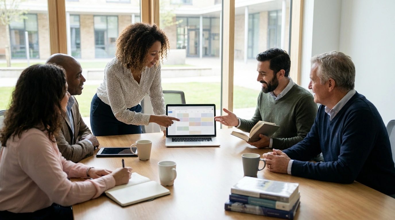 University faculty members collaboratively scheduling a book club meeting with a digital tool in a modern campus meeting room.