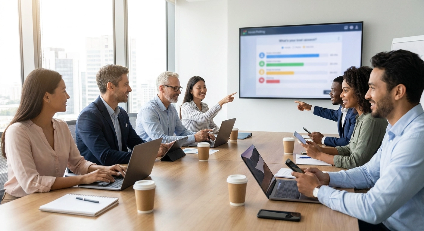 Diverse group of nonprofit board members using digital devices in a modern conference room to collaboratively schedule a meeting.