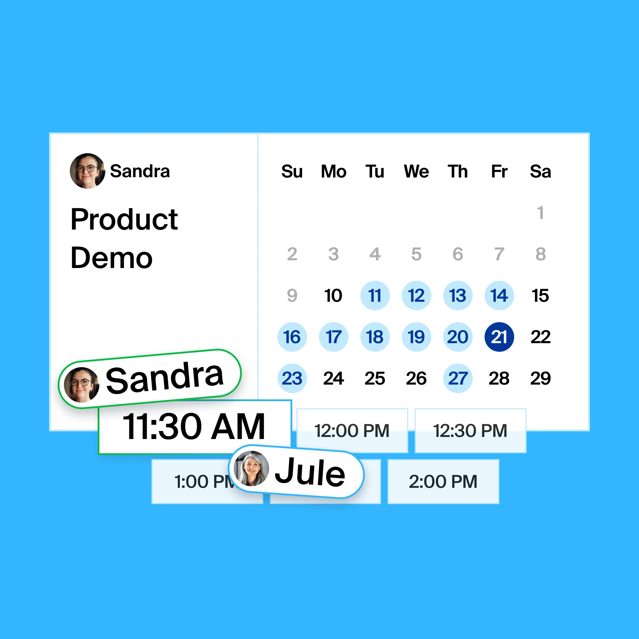 a booking page for a product demo, where the organizer and participant found 11:30am as the common meeting time