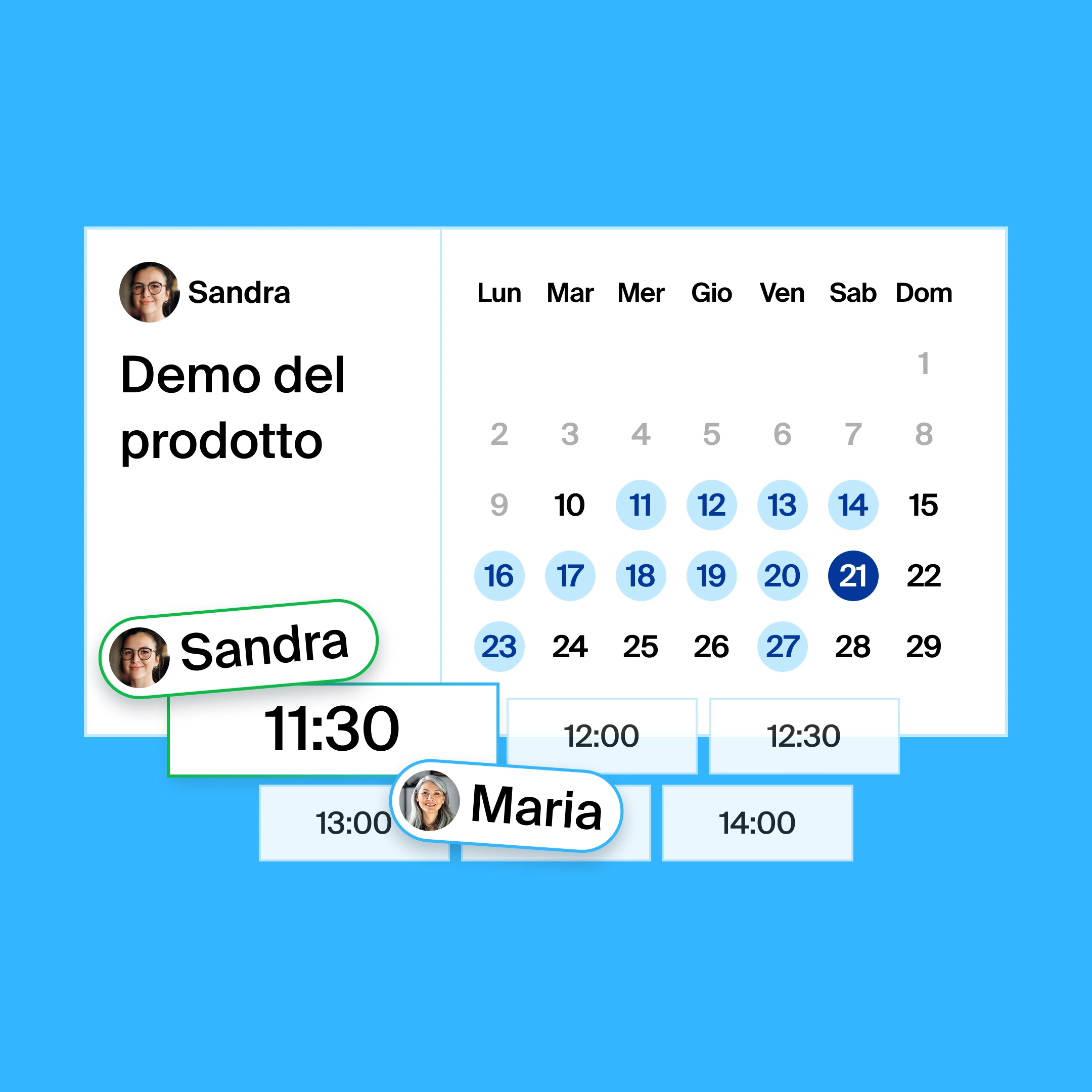 a booking page for a product demo, where the organizer and participant found 11:30am as the common meeting time