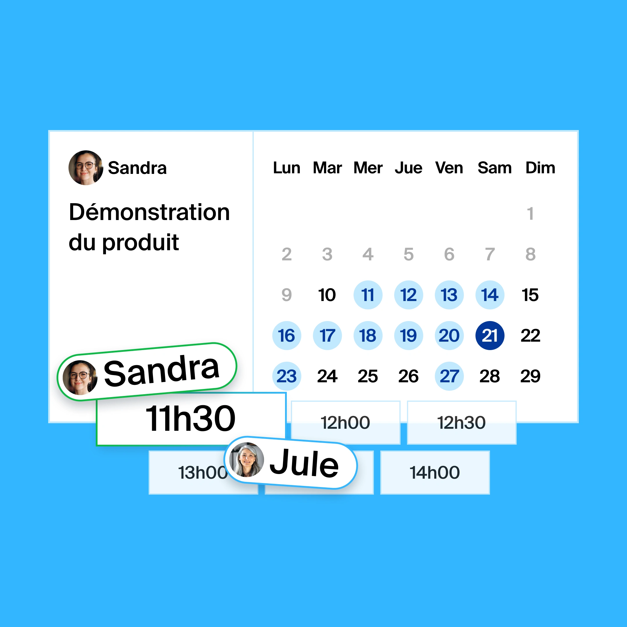 a booking page for a product demo, where the organizer and participant found 11:30am as the common meeting time