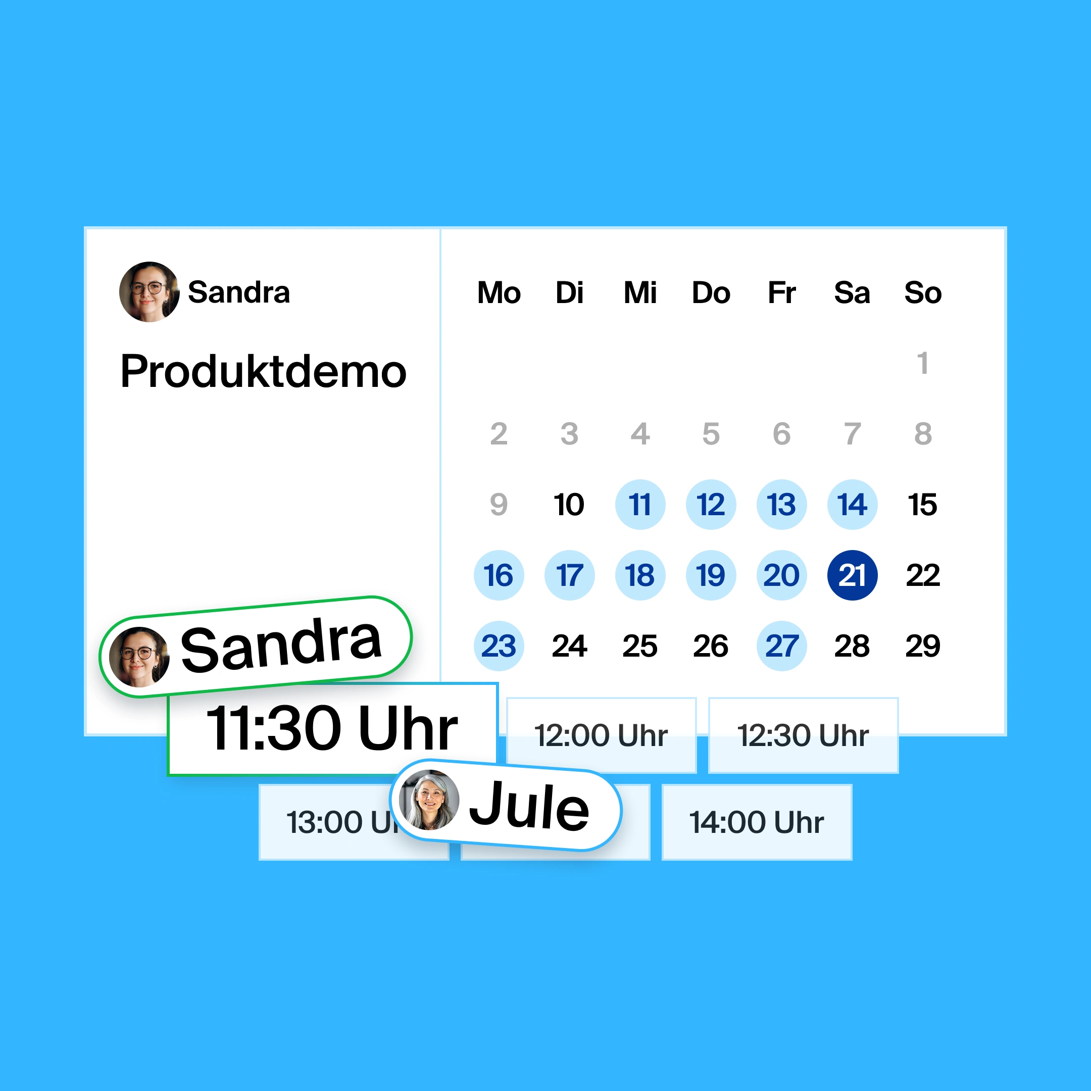 a booking page for a product demo, where the organizer and participant found 11:30am as the common meeting time