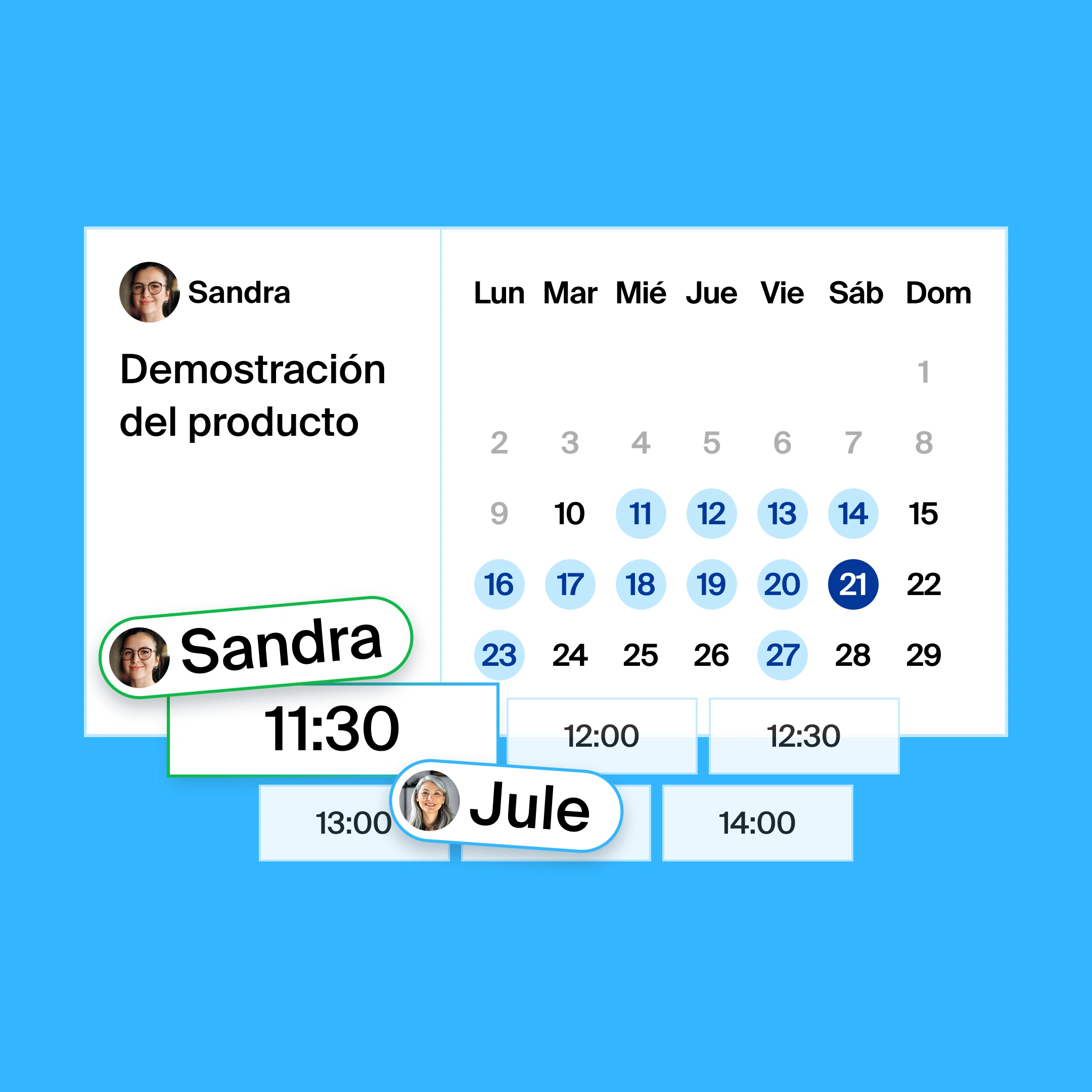a booking page for a product demo, where the organizer and participant found 11:30am as the common meeting time