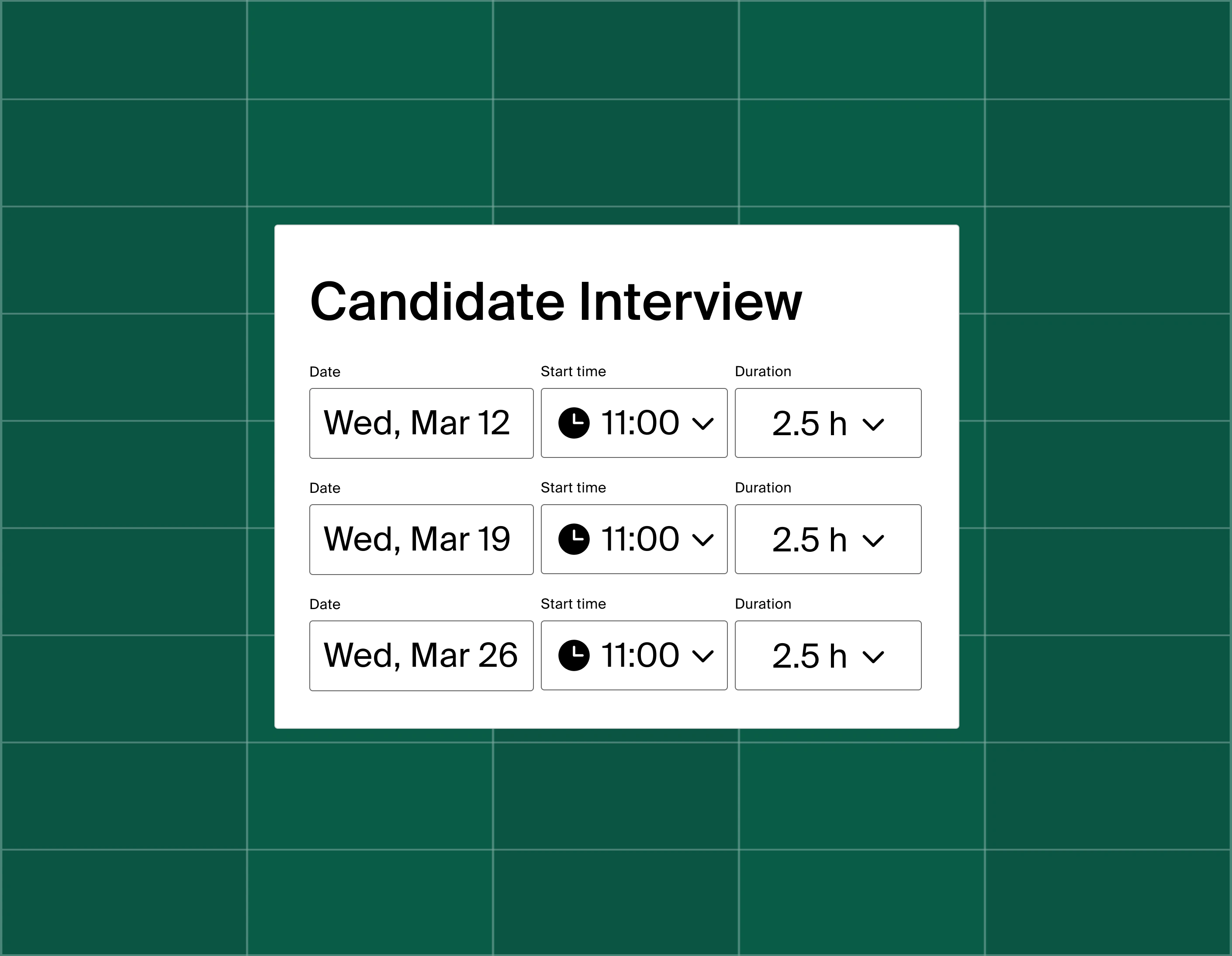 A graphic showing a list of three meeting time options for a candidate interview