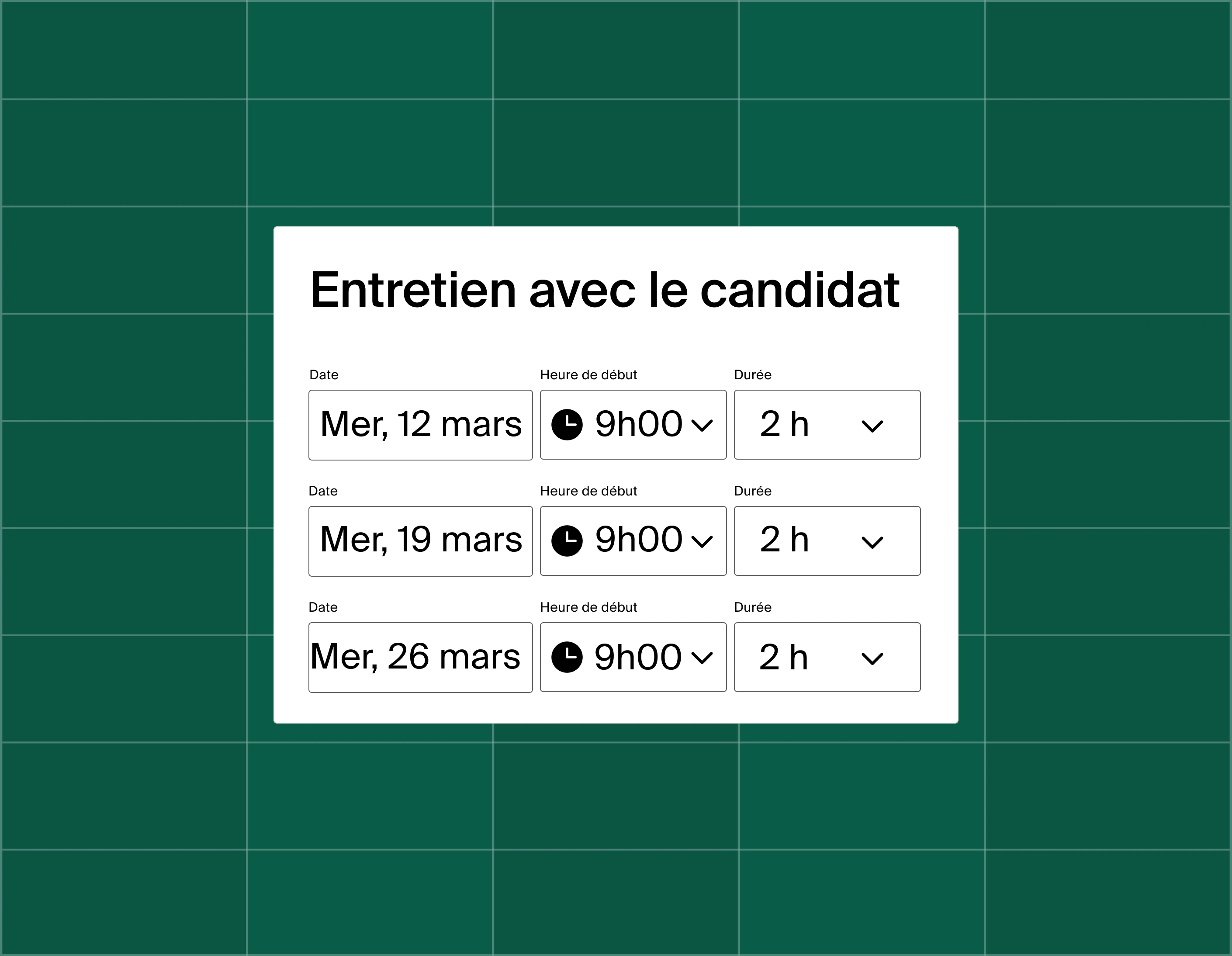 A graphic showing a list of three meeting time options for a candidate interview
