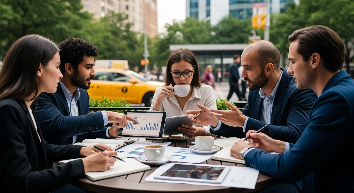 A diverse group of consultants in their 30s and 40s, engaged in a planning session at an outdoor cafe, with an urban cityscape in the background and a touch of greenery, emphasizing a collaborative and focused atmosphere.