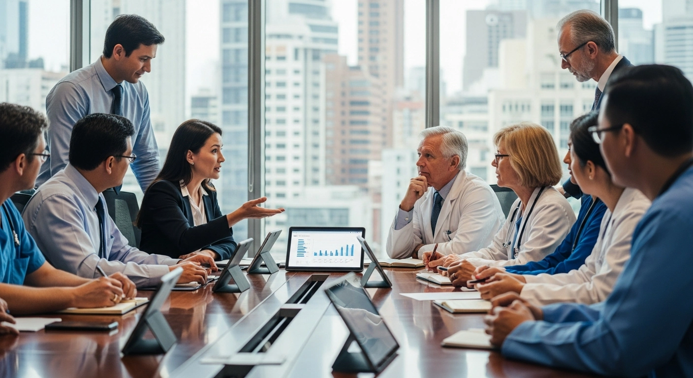 A diverse group of hospital governance officers and senior medical staff collaborate in a hospital boardroom, discussing meeting schedules with digital tools.