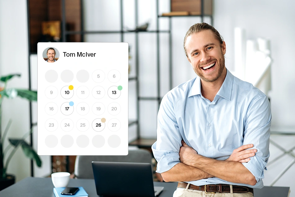 Man with blue shirt w/calendar graphic