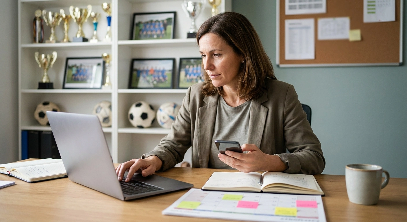 A sports club treasurer sits at a desk, using a laptop and smartphone to organize a governance board meeting, with sports decor in the background.