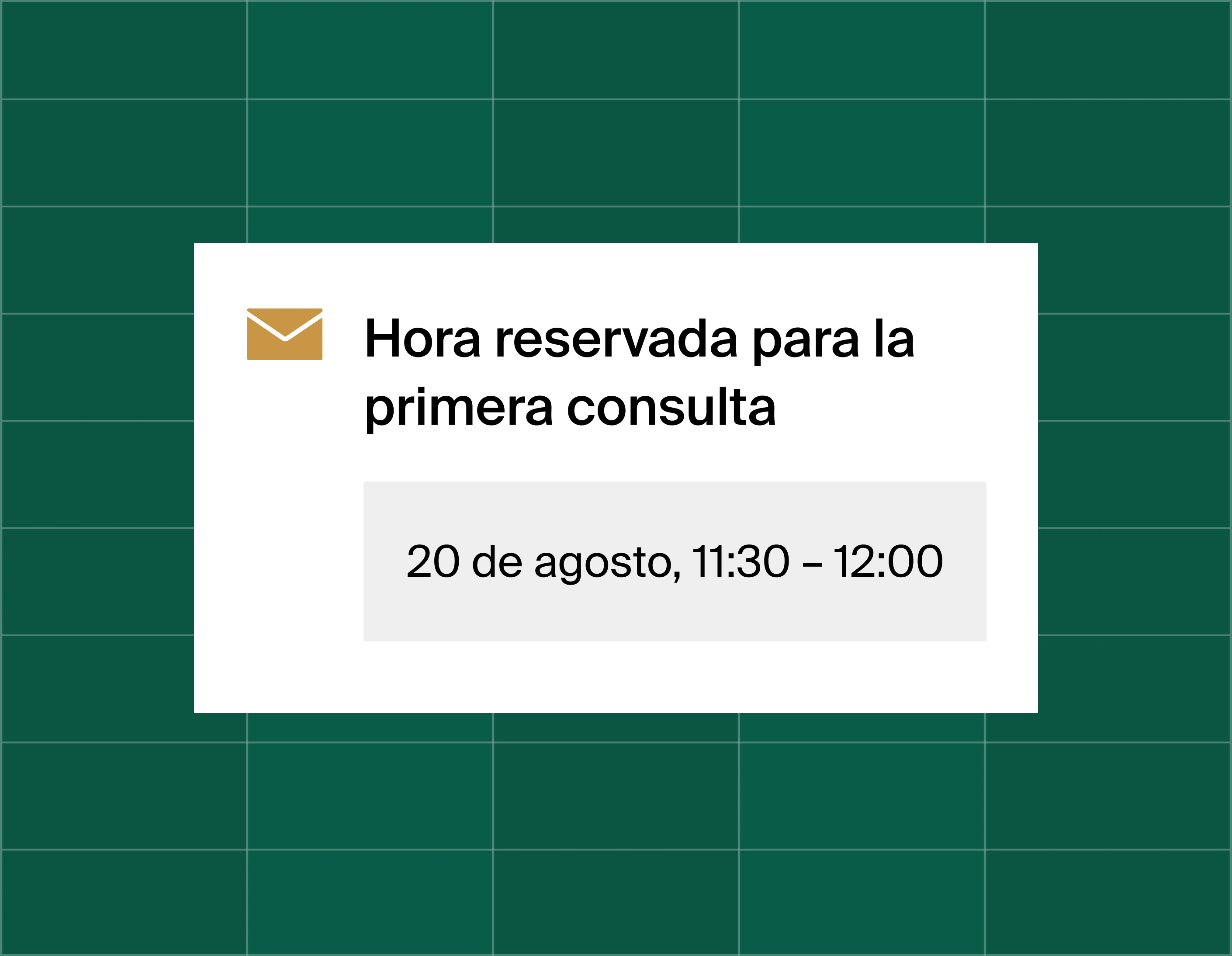 A graphic that shows an email reminder notification stating time booked for a first consultation at August 20, 11:30am