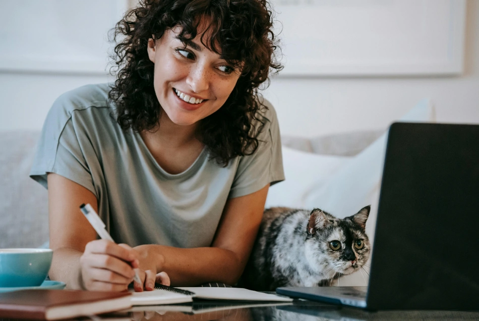 remote call woman with pet
