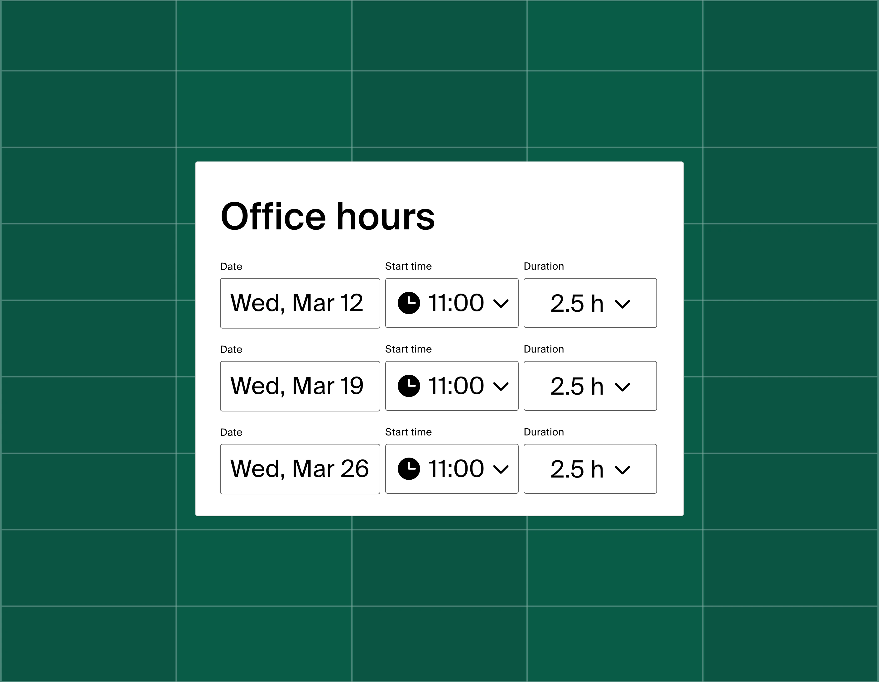 A sign up sheet for office hours with three different options to sign up