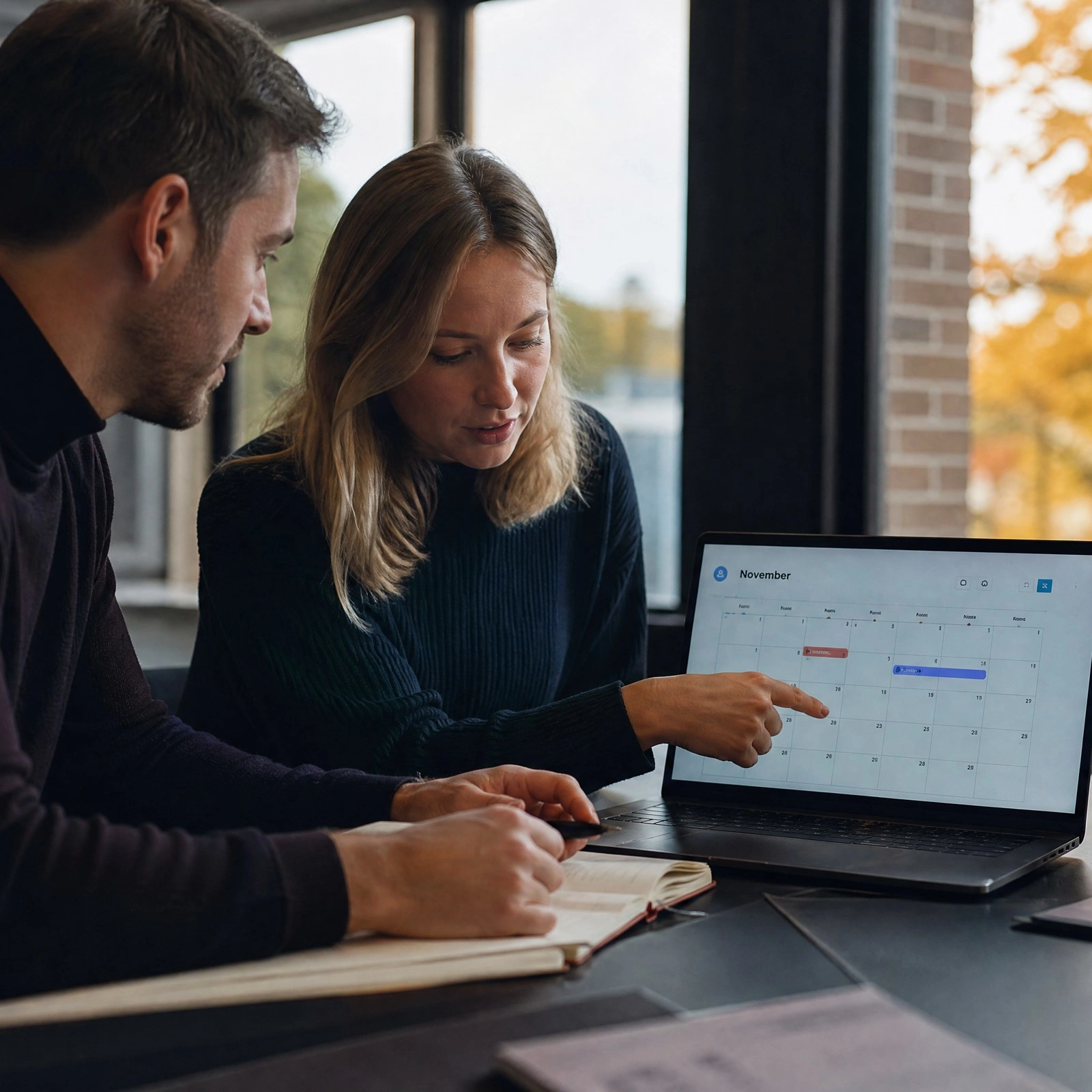Deux collègues à un bureau, près d’une fenêtre d’automne : l’un montre un calendrier de novembre sur un ordinateur portable pendant que l’autre prend des notes