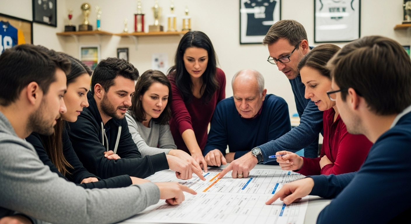 A diverse group of adults engaged in a lively discussion around a calendar in a community center sports room, planning a sports club AGM.