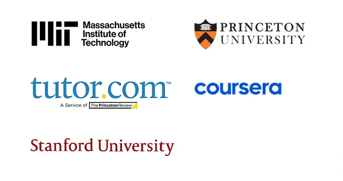 Three columns of five logos that act as social proof for Doodle in an education setting: MIT, Princeton, Stanford, Coursera, tutor.com