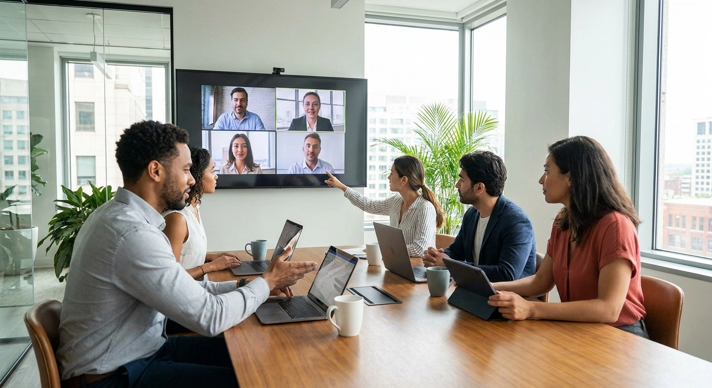 A group of diverse professionals in a modern conference room, engaged in a video conference call, with laptops and a large screen displaying the call interface.