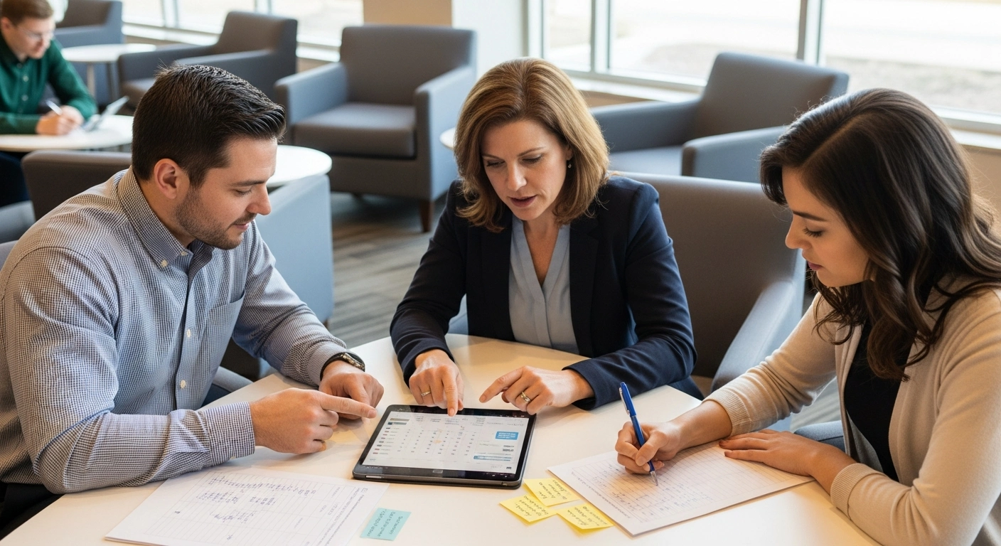 University coordinators and a teaching assistant discuss course handovers using tablets and schedules in a collaborative campus lounge.