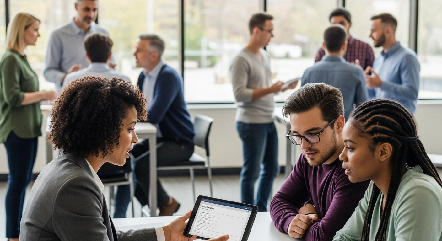 A diverse group of adults, including sales enablement managers and new sales reps, engaged in a vibrant sales coaching session in a well-lit community center.