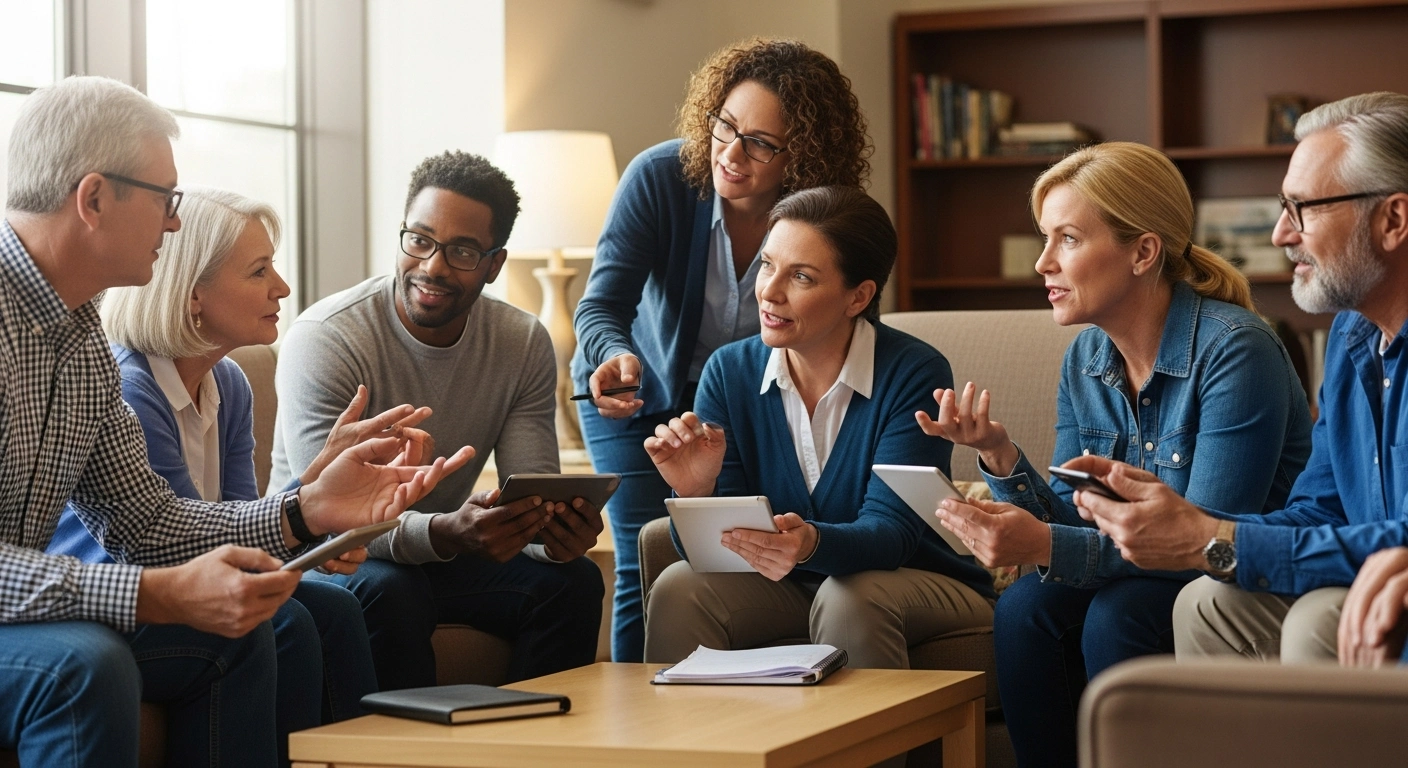 A diverse group of educators using digital devices in a faculty lounge to schedule a meeting.