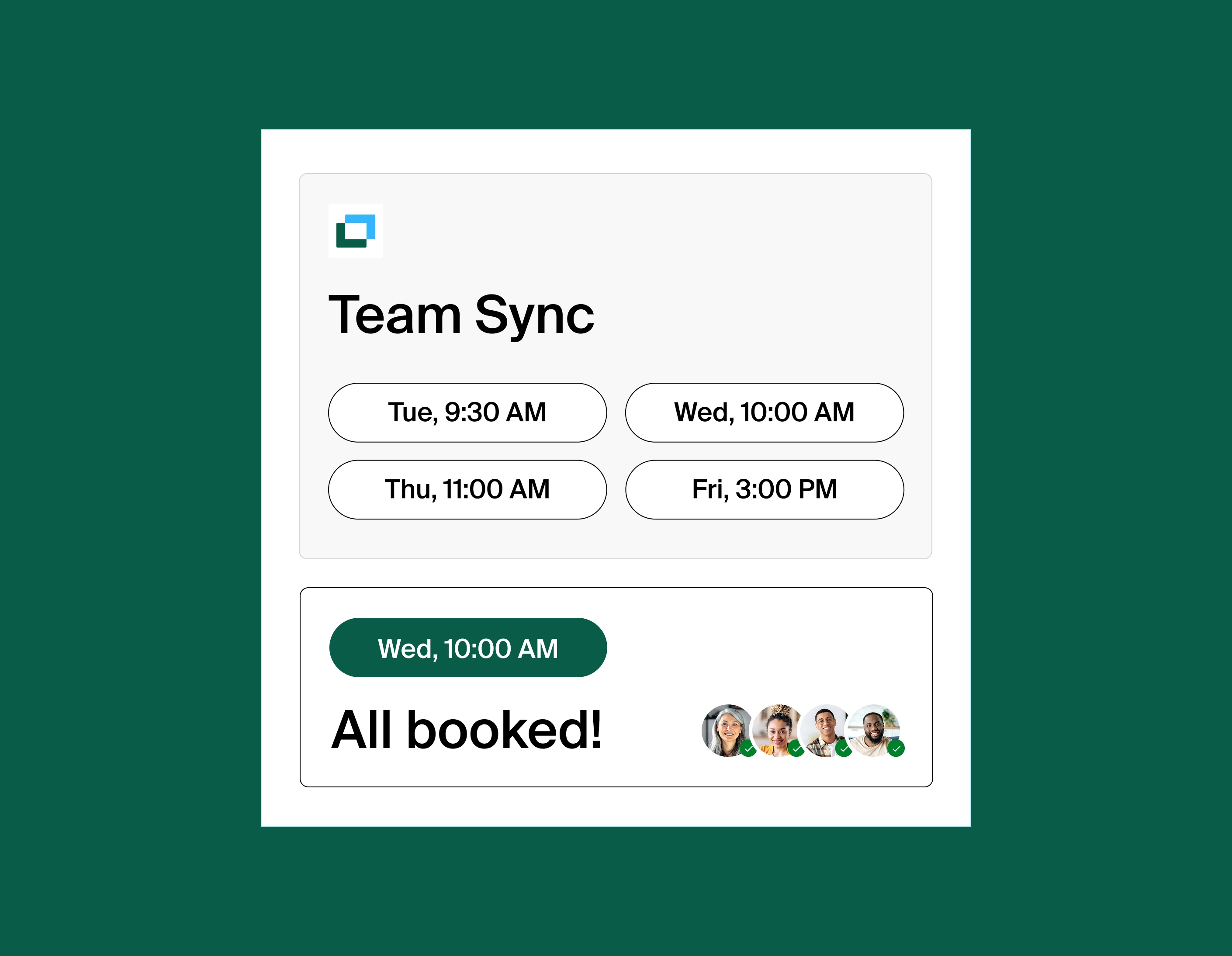 A graphic showing four different meeting time options for a team sync, with Wednesday 10:00am all booked for four people