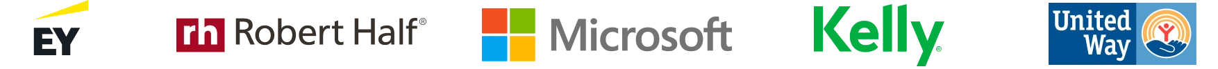 A group of logos including Ernst & Young (EY), Robert Half, Microsoft Corporation, Kelly Services, United Way Worldwide