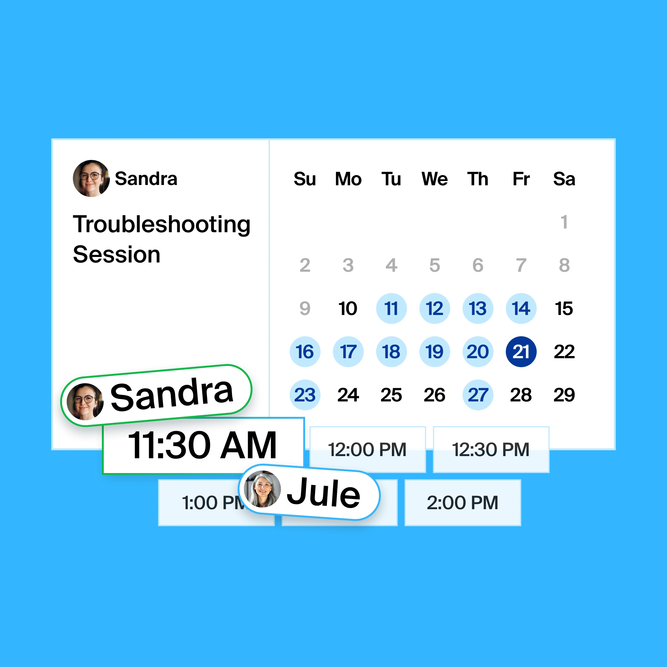a booking page for a troubleshooting session, where the organizer and participant found 11:30am as the common meeting time