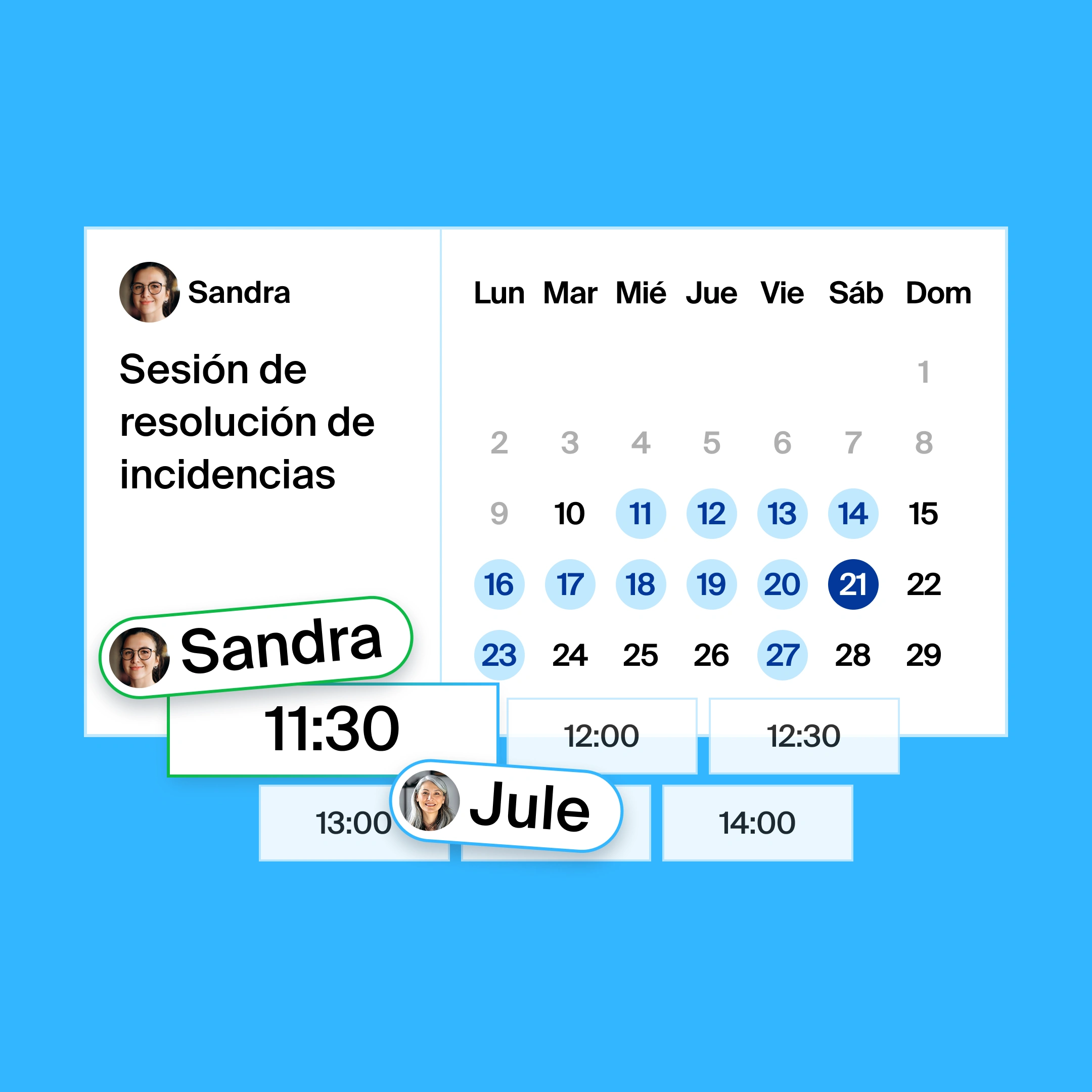 a booking page for a troubleshooting session, where the organizer and participant found 11:30am as the common meeting time