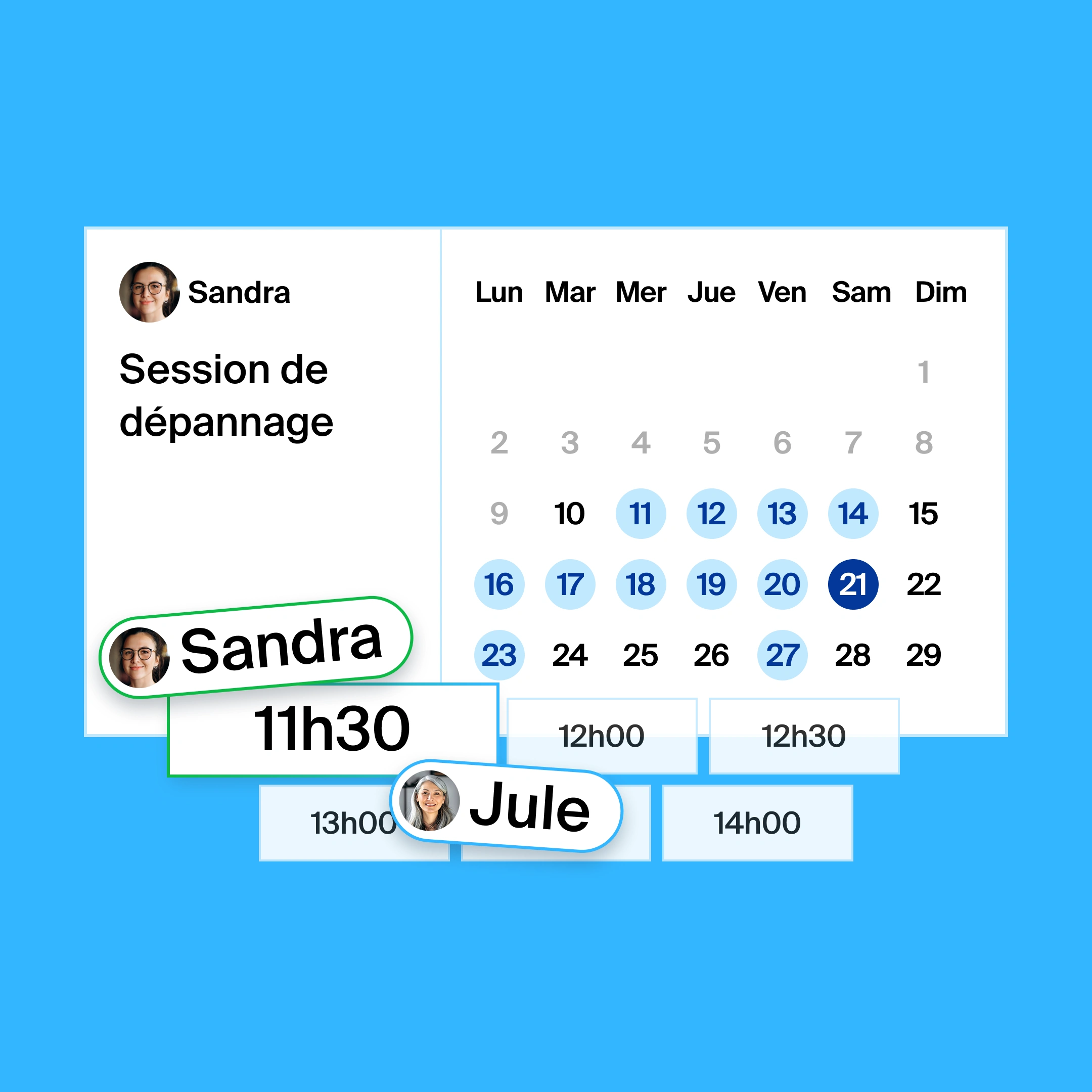 a booking page for a troubleshooting session, where the organizer and participant found 11:30am as the common meeting time