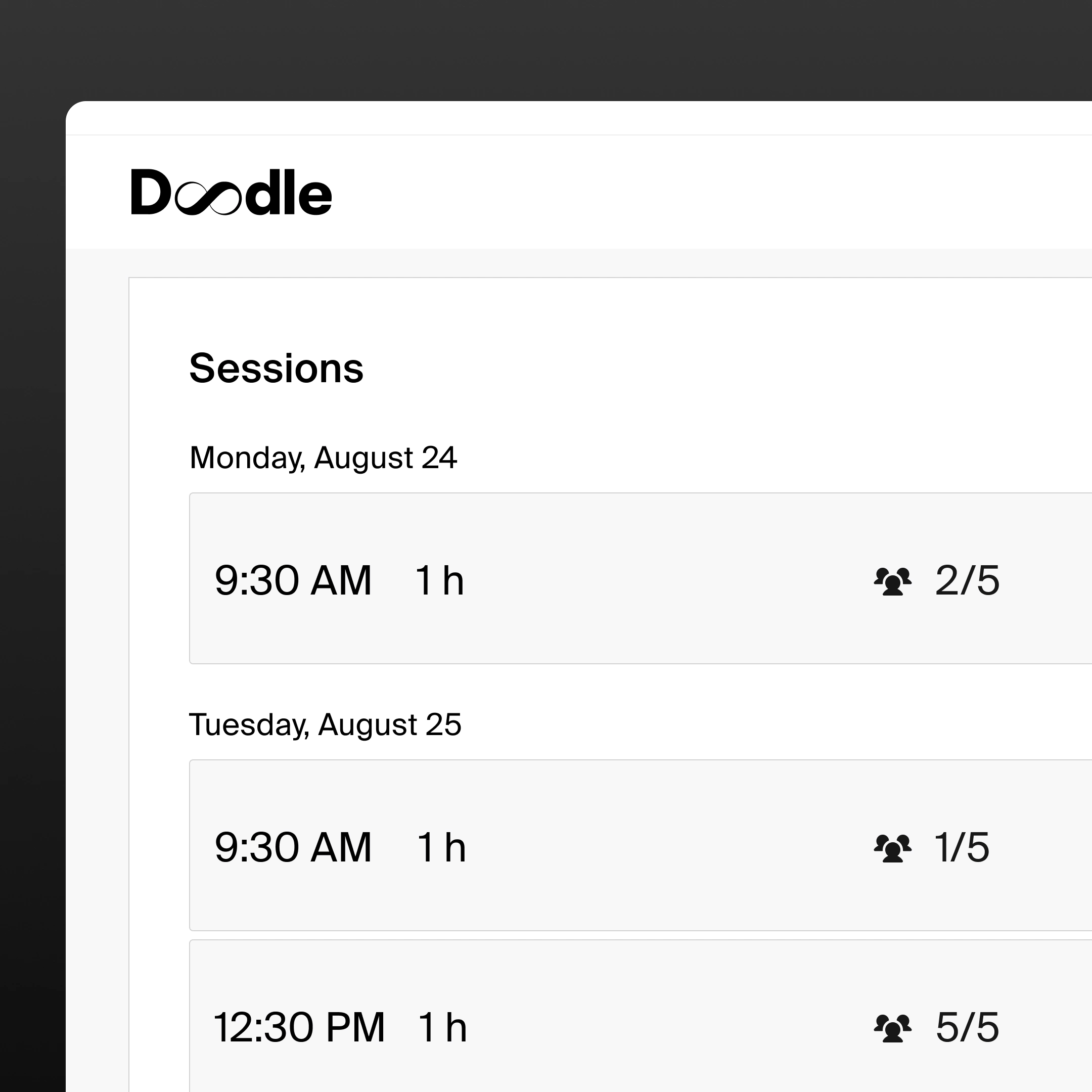 Image showing various sign-up sheet sessions and attendee count.